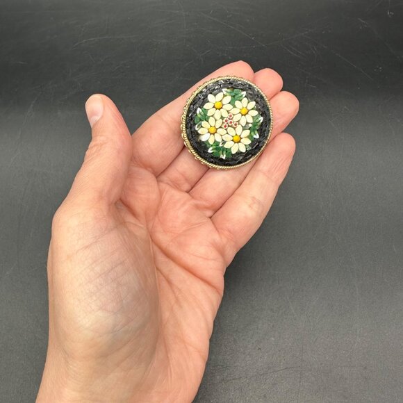 Vintage Italian Micro Mosaic Brooch Pin Daisy Flowers Gold Tone White Black - Picture 7 of 8